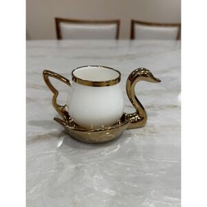 Grace Teaware Gold Swan Porcelain Espresso Cup and Saucer Set White Gold Trim